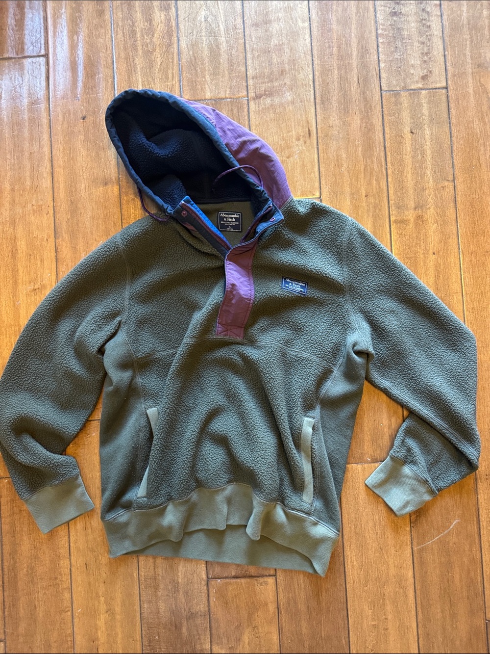 Abercrombie & Fitch Olive Green Fleece Hooded Pullover with Purple Trim large.